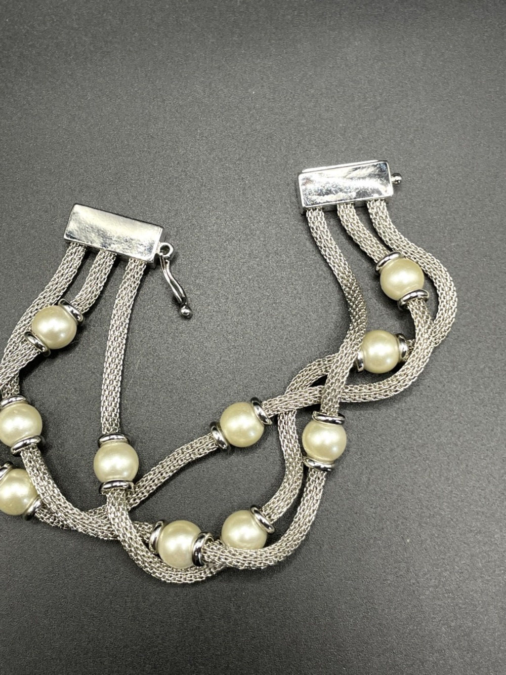 Anne Klein 3 Row Silver Tone Mesh Faux Pearl Bracelet 7 1/2" - Picture 12 of 14